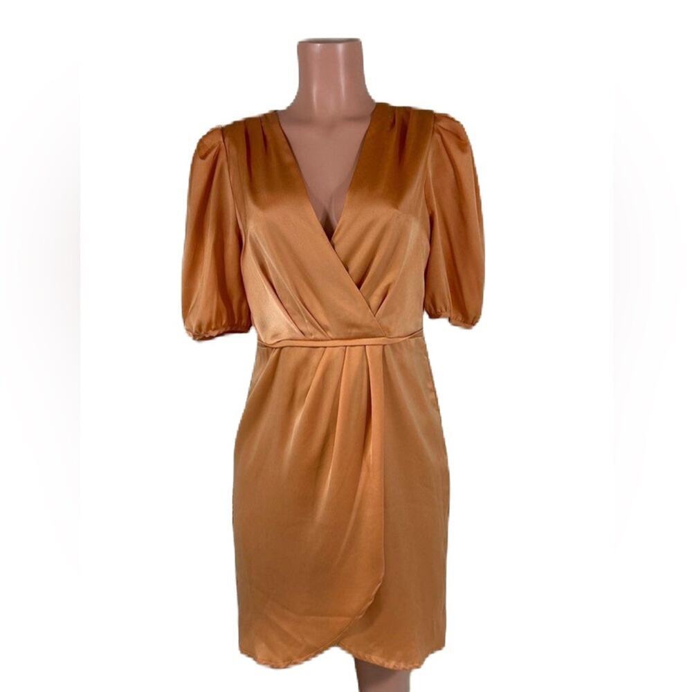 Lena Peach‎ Draped Silk Mini Dress Womens Size L Honey Orange V-Neck Puff Sleeve